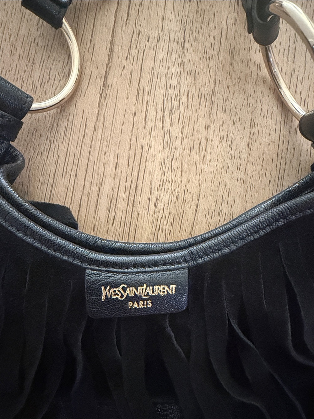 Saint Laurent Black Suede Fringe Shoulder Bag with Gold Rings - Picture 2 of 3